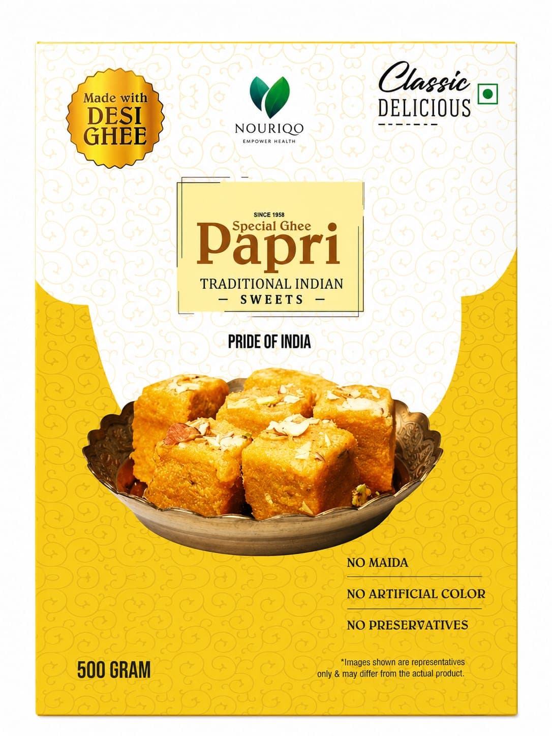 Nouriqo Special Ghee Papri box, Classic Delicious variant, with a bowl of papri sweets topped with almonds and pistachios