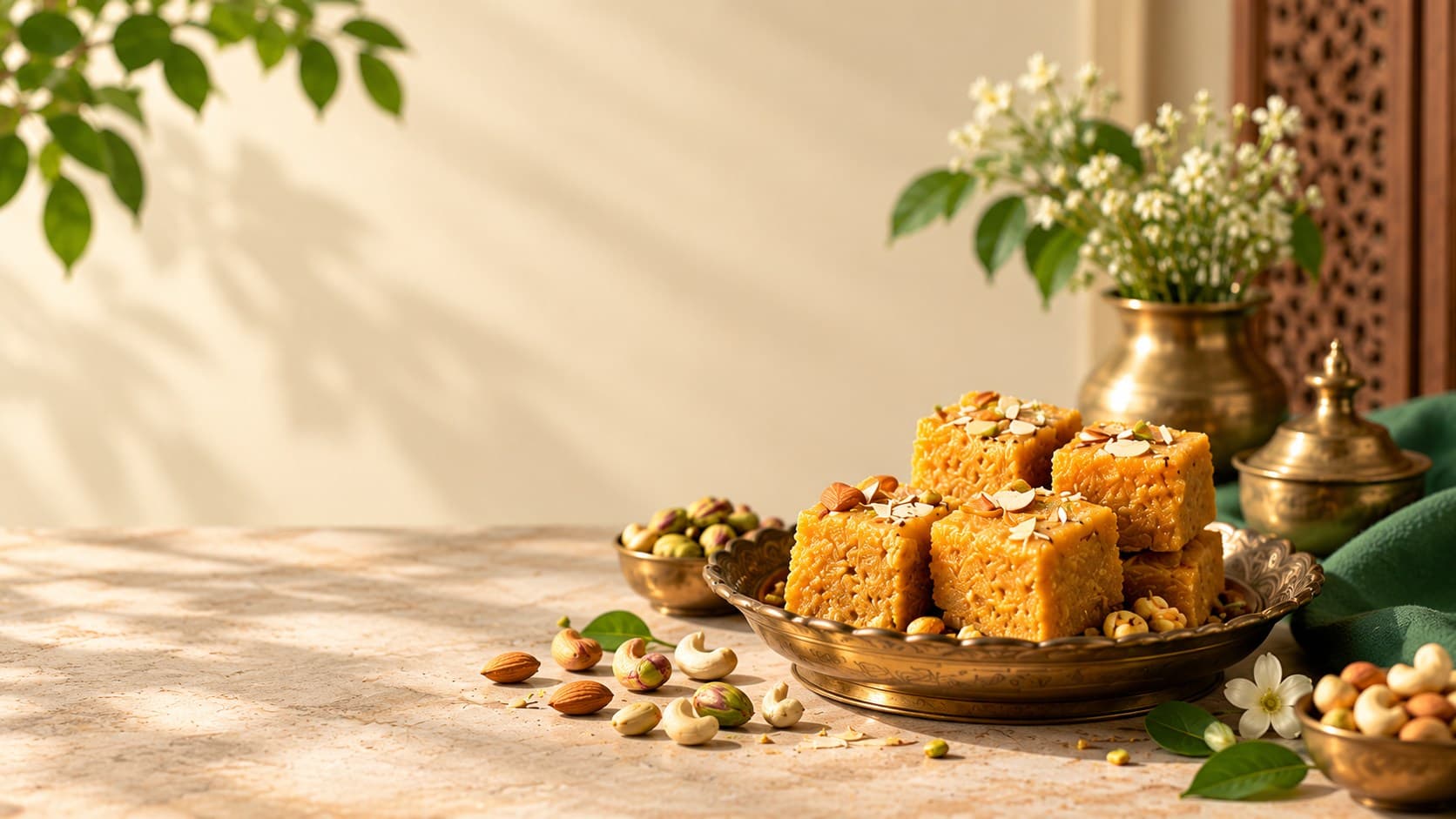 Nouriqo papri sweets on a brass plate beside pistachios, almonds, and fresh jasmine flowers, set on a marble counter against a plain wall with generous open space to the left