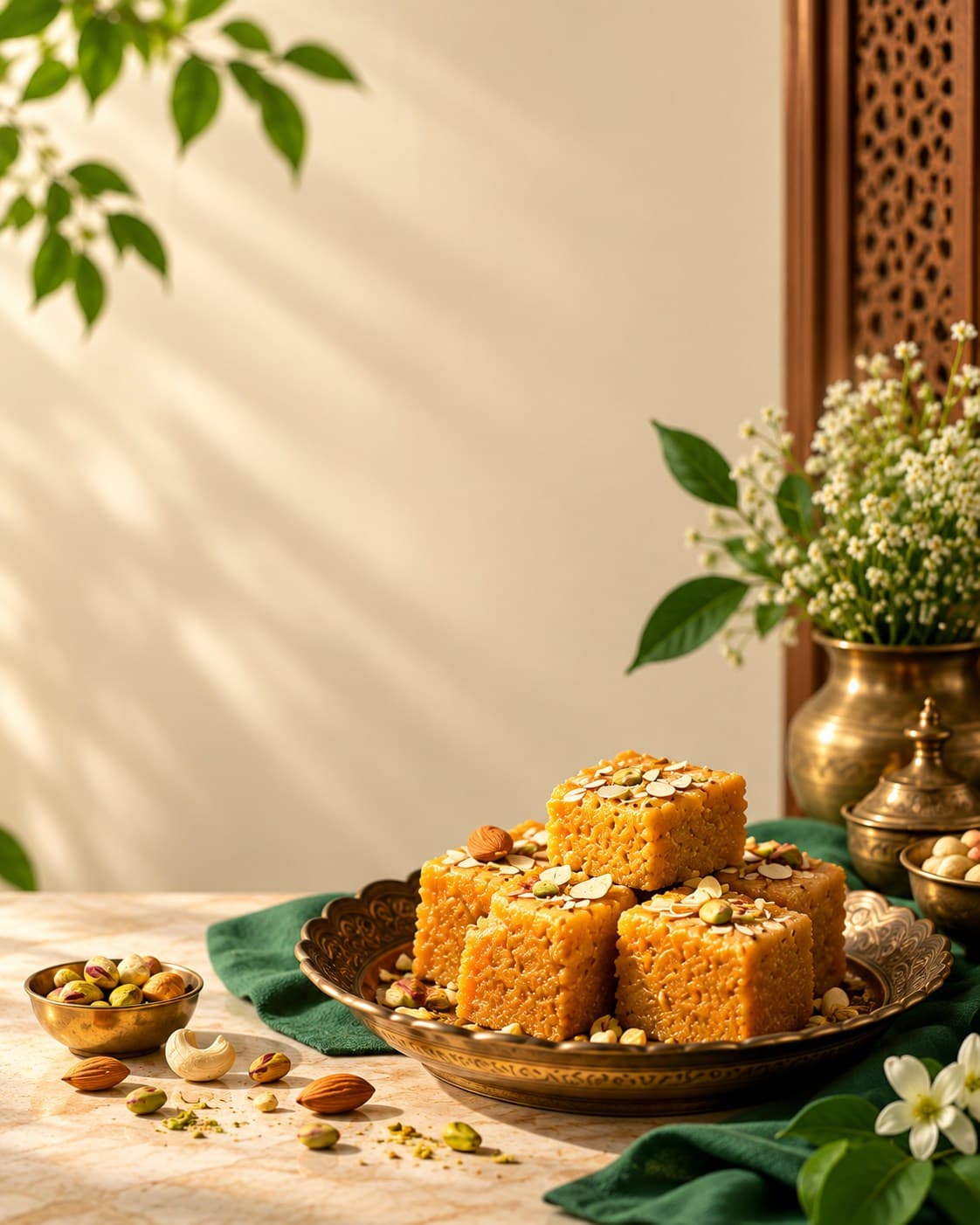 Nouriqo papri sweets on a brass plate beside pistachios and almonds, with jasmine flowers in the background