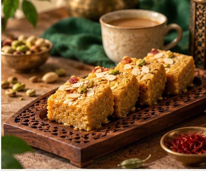 Nouriqo papri sweets served on a wooden tray beside a cup of chai and a bowl of saffron