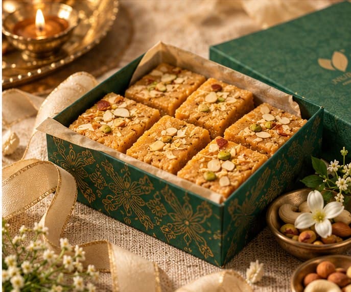 Nouriqo papri sweets packed in a decorative green gift box with a gold ribbon