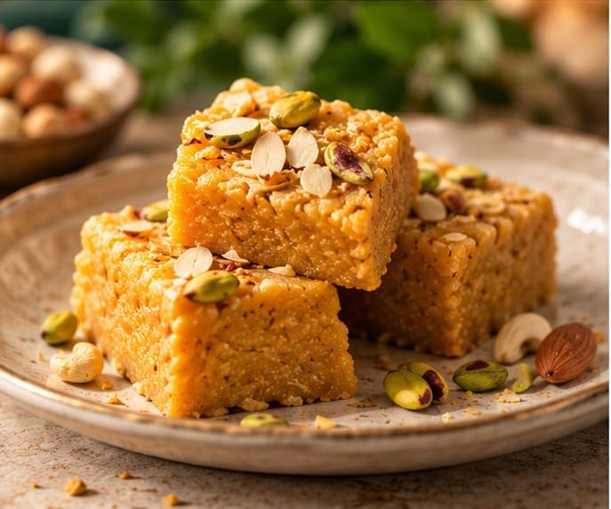 Nouriqo papri sweets served on a ceramic plate with pistachios and cashews