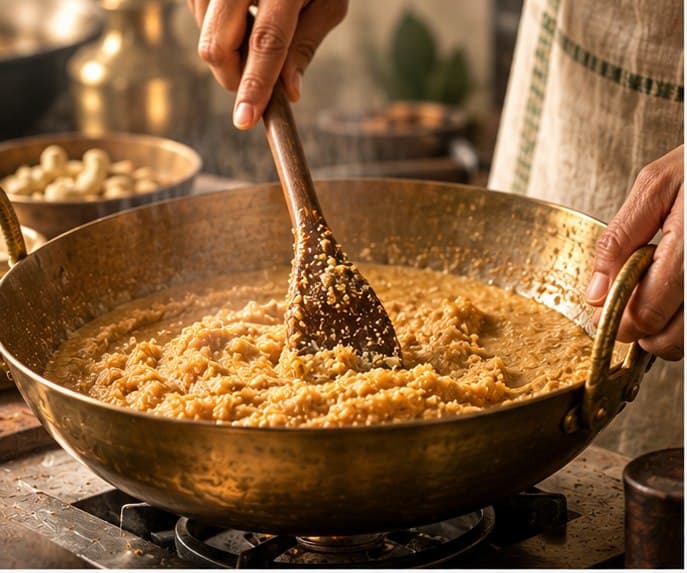 Hands stirring papri mixture in a brass kadhai over a flame