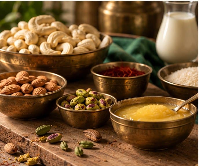 Bowls of cashews, almonds, saffron, rice, and desi ghee laid out on a wooden table