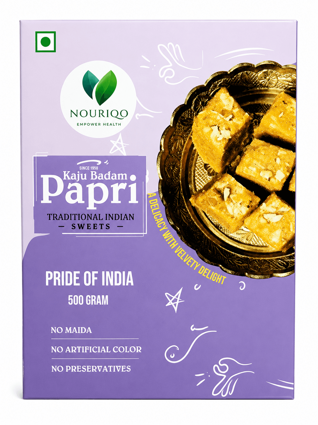 Nouriqo Kaju Badam Papri box with cashew and almond papri sweets served on a decorative brass plate